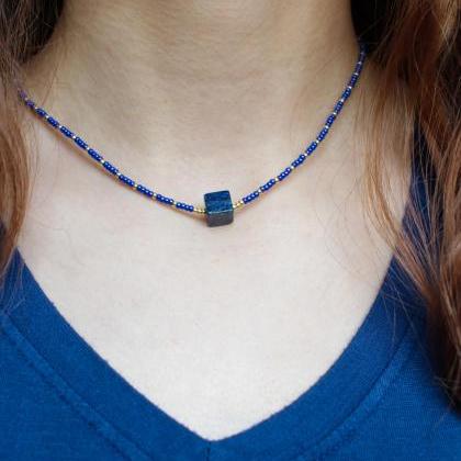 Lapis Lazuli Cube Minimalist Necklace