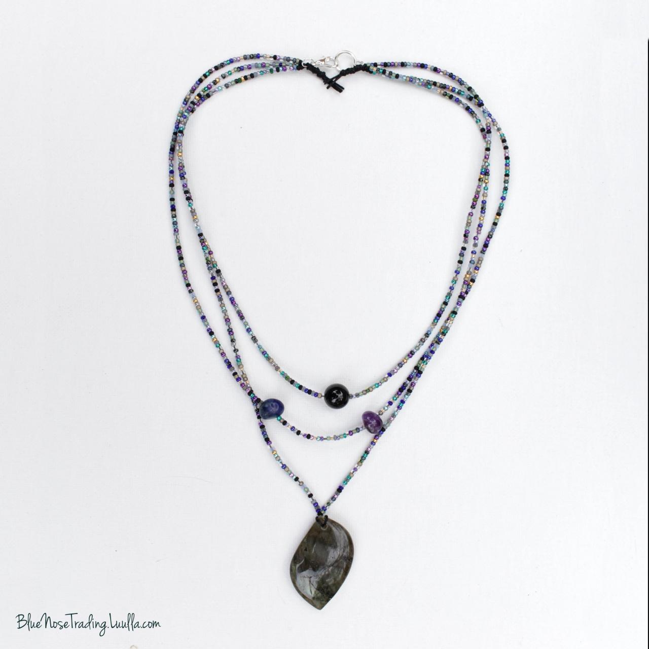 Mercury Retrograde Protection Necklace | Black Tourmaline | Lapis Lazuli | Amethyst | Labradorite | Witchy Crystal Talisman | Peacock Colors