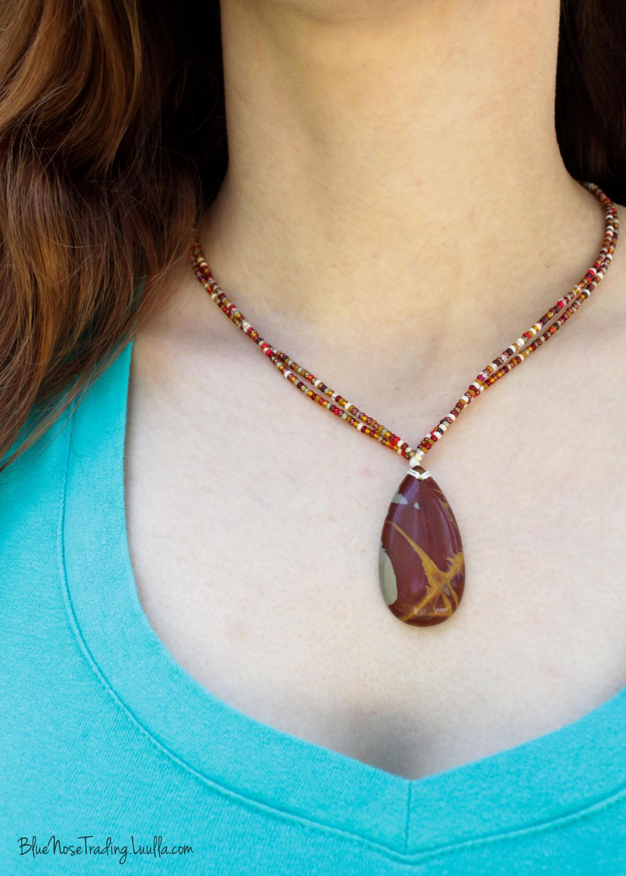 Australian Noreena Jasper Pendant | Red Yellow | Seed Beaded Multi-strand Necklace | Natural Hemp | Teardrop Stone | Handmade Jewelry | Gift
