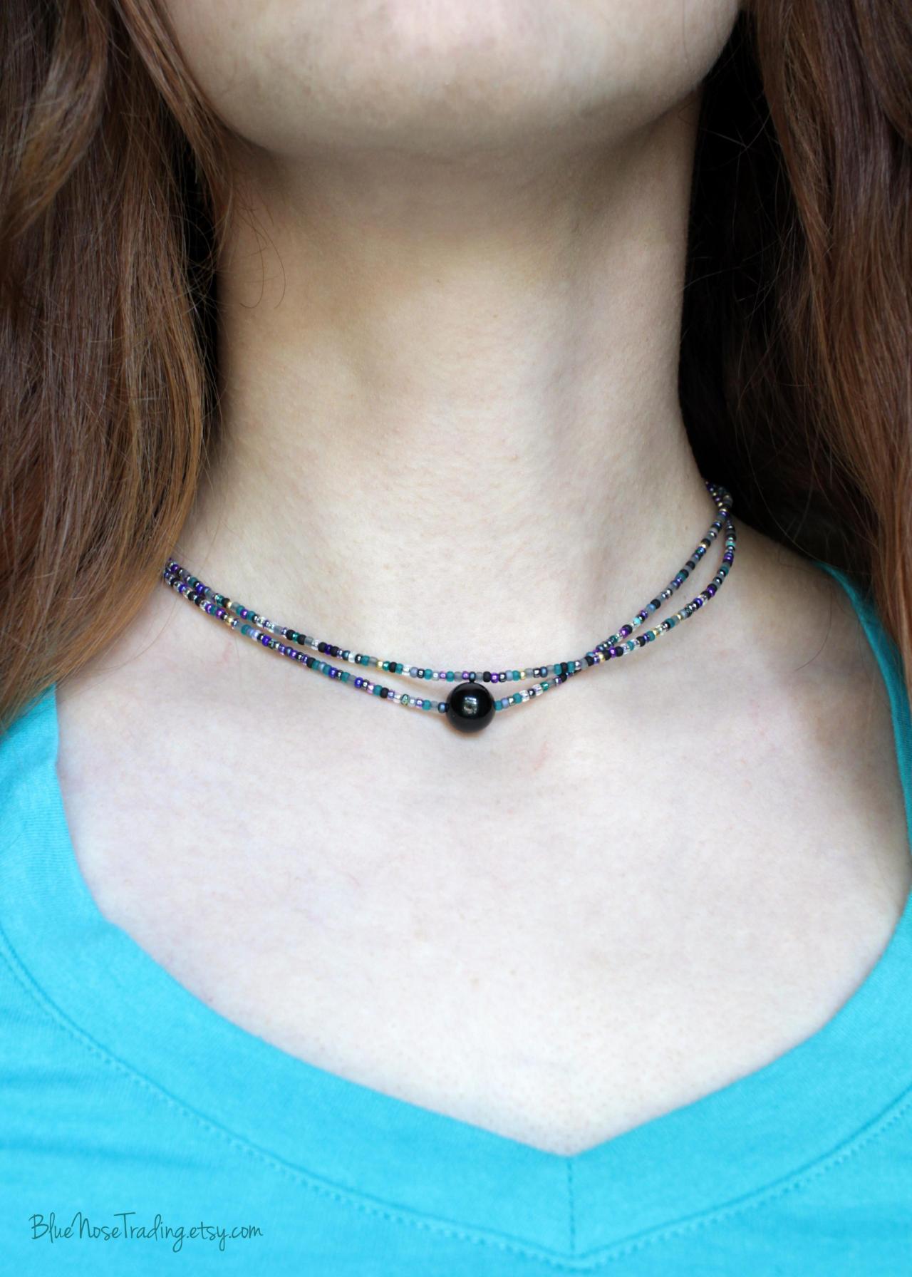 Black Tourmaline Double Strand Seed Bead Choker | Delicate | Protection Jewelry | Dainty | Natural Hemp | Galaxy Necklace | Energy Shield