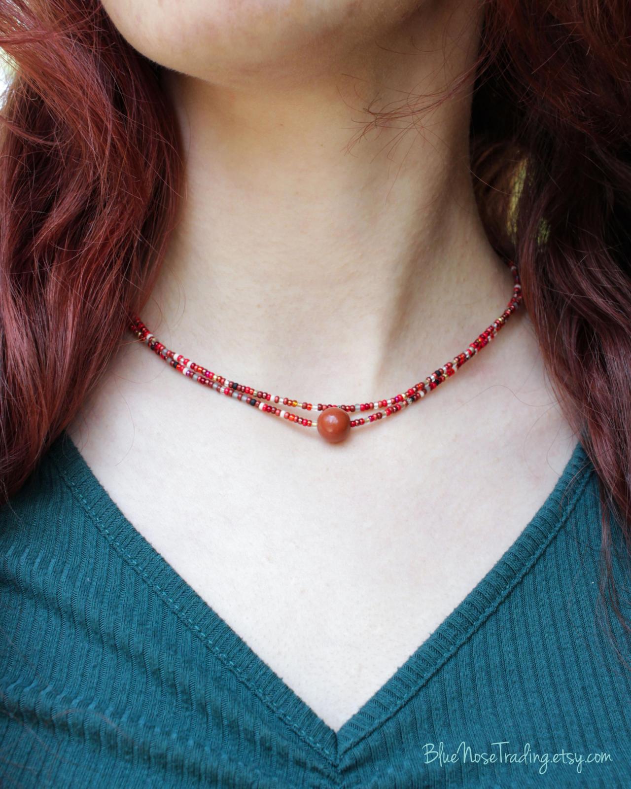Red Jasper Double-strand Choker | Grounding | Gemstone Jewelry | Sexuality | Minimalist | Hemp | Seed Beads | Healing Stones | Gift Box