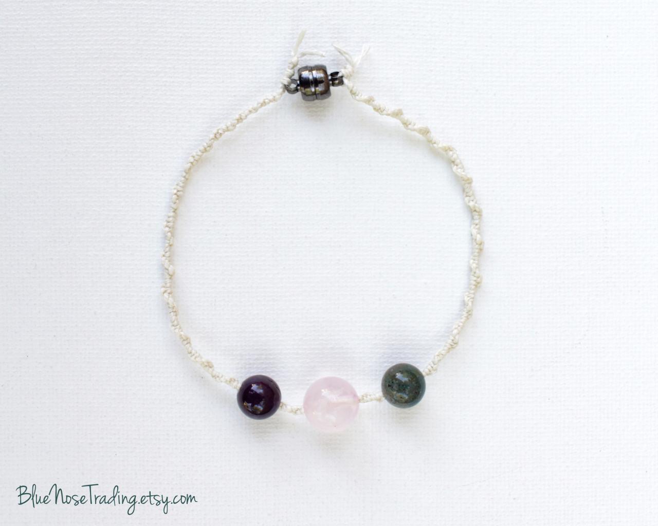 Feminine Energy Crystals Hemp Macramé Bracelet | Rose Quartz | Moss Agate | Amethyst | Unisex | Custom Gifts | Made To Order | Goddess Gift