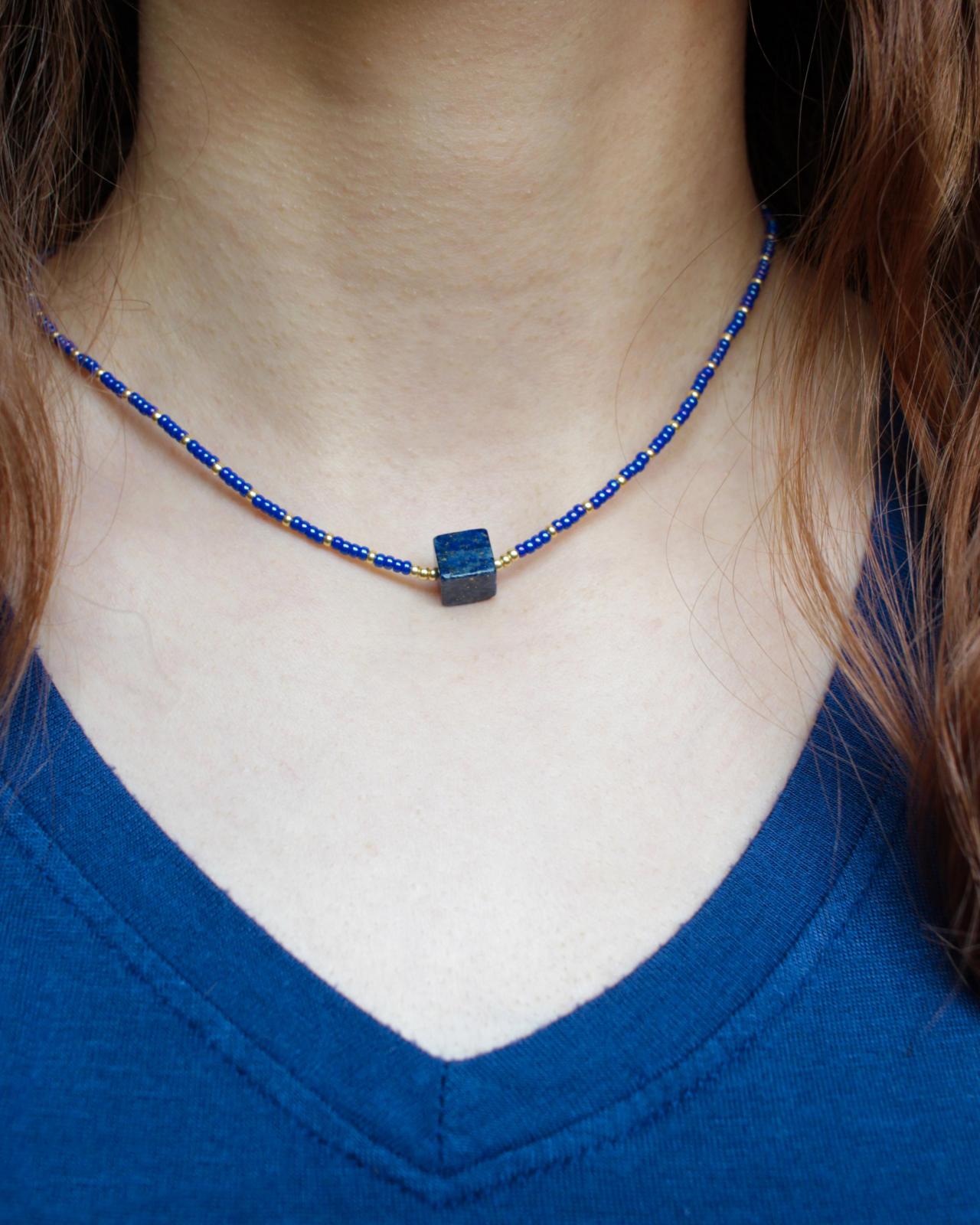 Lapis Lazuli Cube Minimalist Necklace