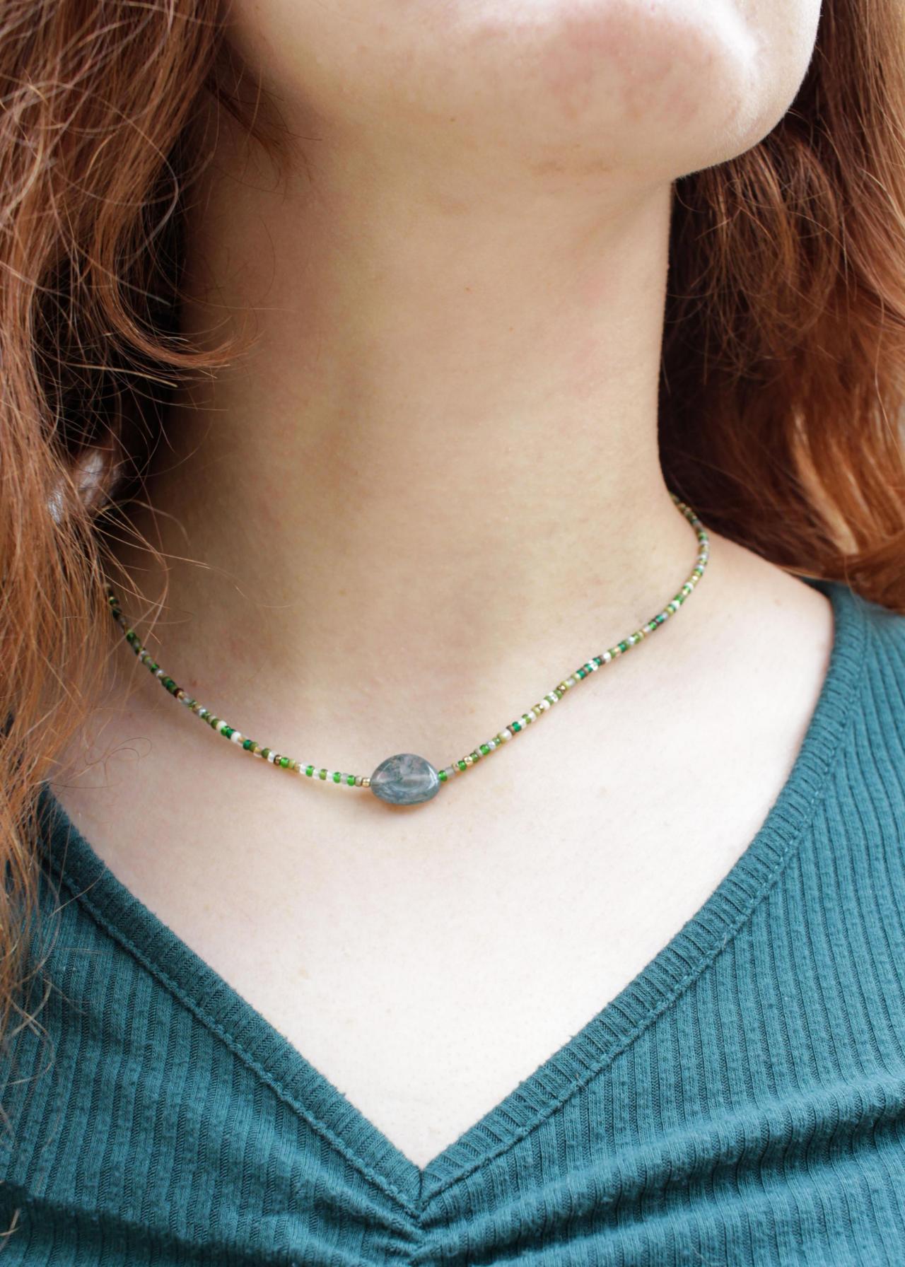Moss Agate Minimalist Pebble Necklace