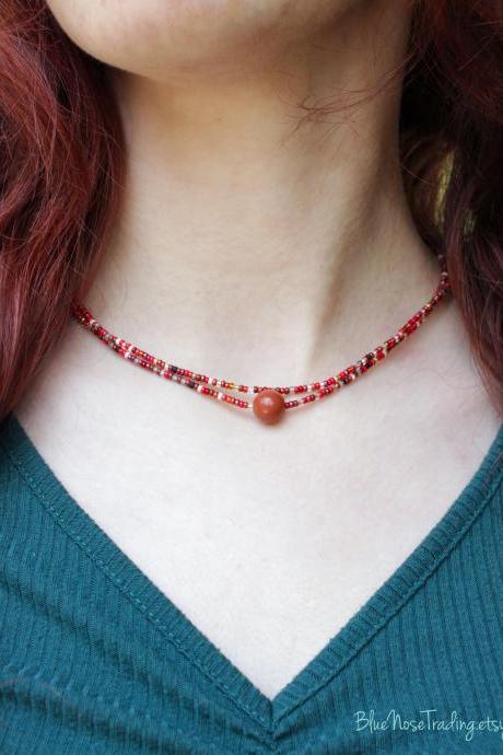 Red Jasper Double-Strand Choker | Grounding | Gemstone Jewelry | Sexuality | Minimalist | Hemp | Seed Beads | Healing Stones | Gift Box