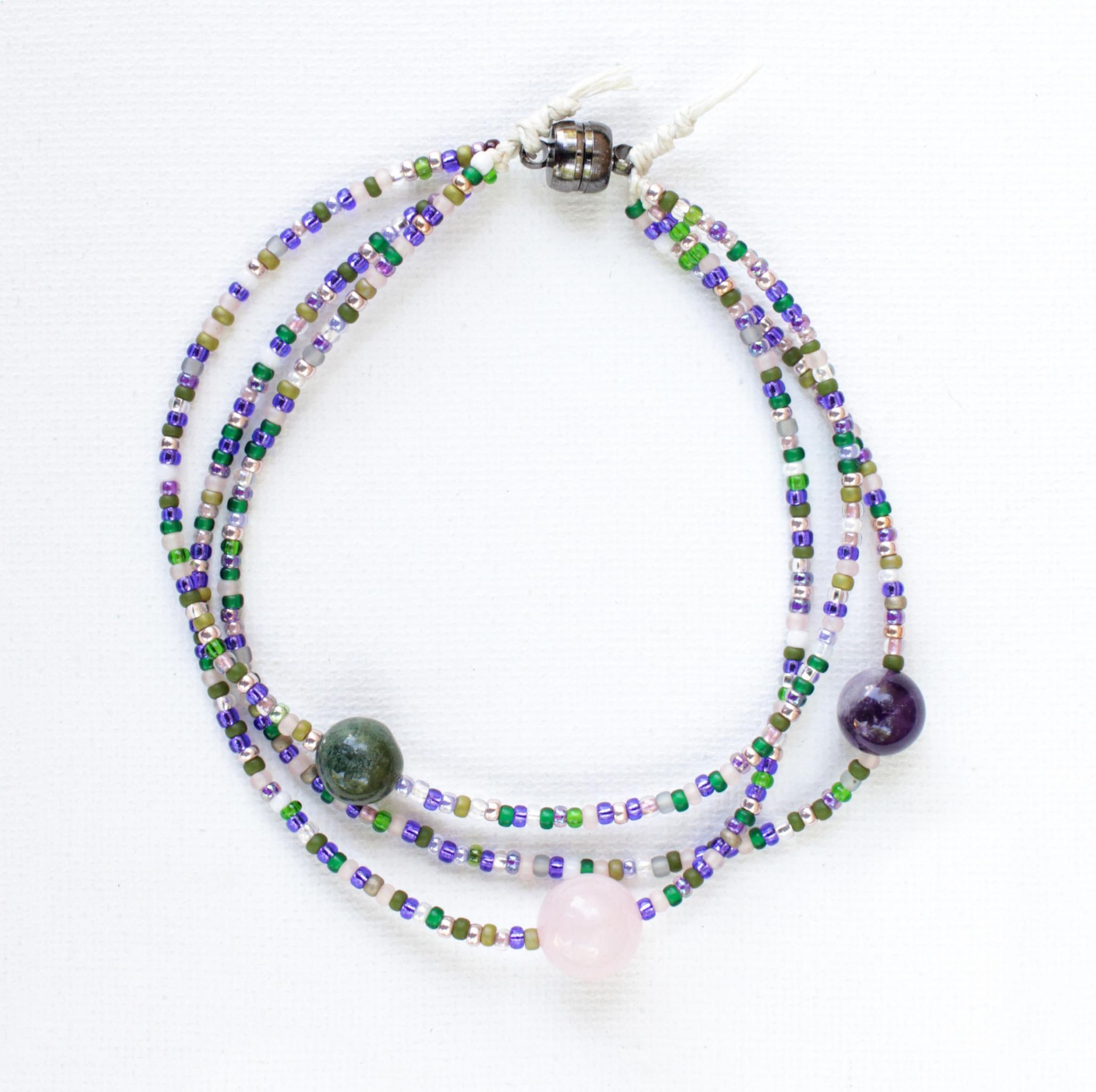 Feminine Energy Crystals Seed Bead Multi-strand Bracelet Anklet | Rose Quartz | Moss Agate | Amethyst | Made to Order | Goddess Gift